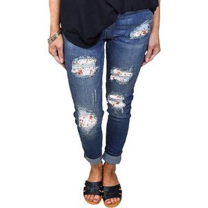Sidefeel Women Floral Patchwork Destroyed Skinny Jeans Ripped Hole Denim Pants m